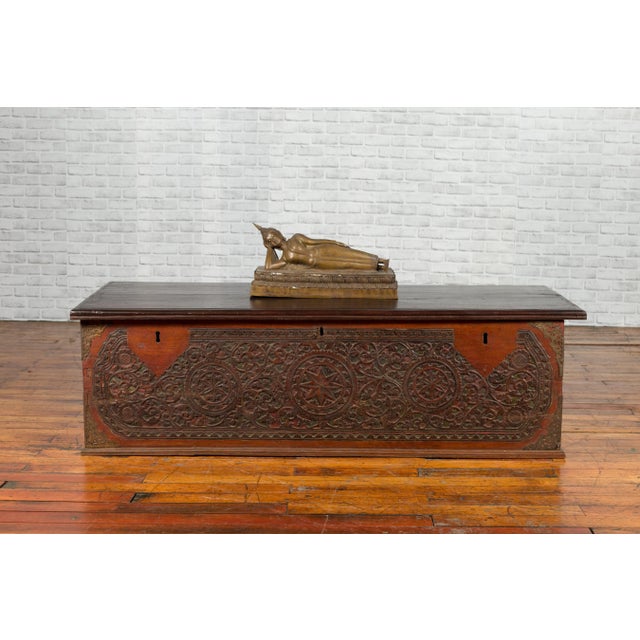 Mid 19th Century Late 19th Century Coffer from Sumatra with Carved Motifs and Iron Hardware For Sale - Image 5 of 13