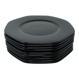 Vintage Este Ceramiche Italy Black Octagon Shaped Ceramic Charger Plates - 10 Pieces For Sale