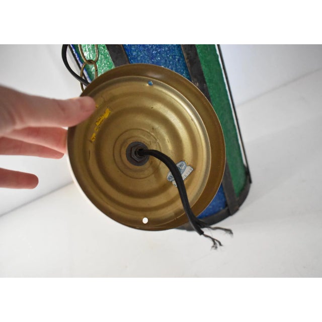 Metal Mid-Century Wrought Iron Stained Glass Hanging Pendant Light For Sale - Image 7 of 8