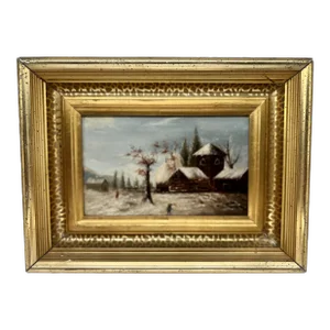 19th Century, American School Snowy Barn Landscape Oil on Board