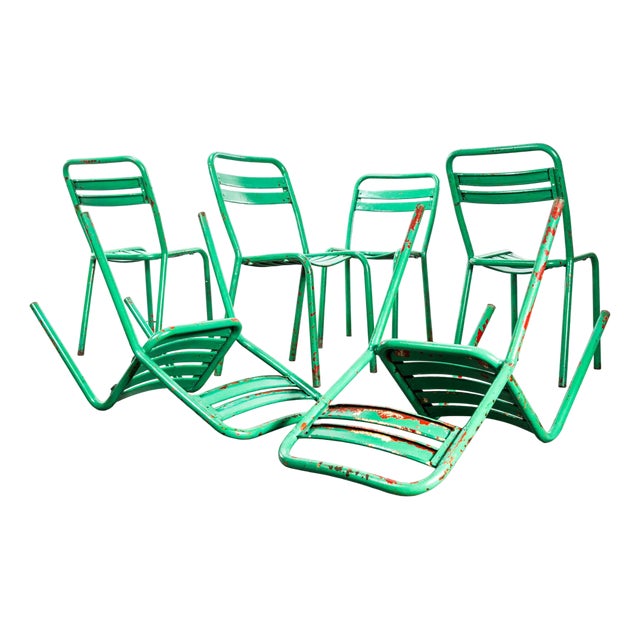 Vintage French Bright Green T2 Dining Chairs from Tolix, 1950s, Set of 6 For Sale