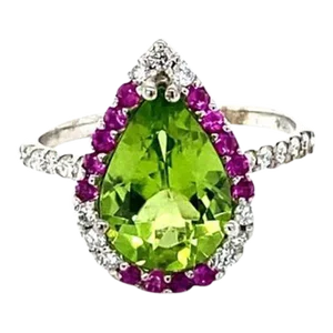 Peridot Diamond and Pink Sapphire White Gold Cocktail Ring Size 7