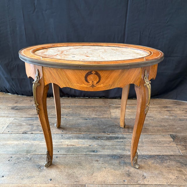 Wood Antique French Louis XV Marquetry Oval Marble Top Coffee Table For Sale - Image 7 of 10