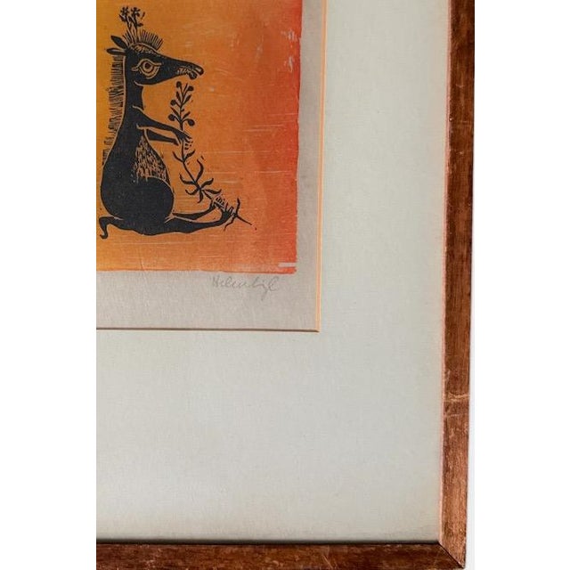 Vintage Helen Siegl Hand-Signed Fine Art Woodcut Print Rangoroo Mid Century Modern Folk Art Whimsical Animal Custom Framed For Sale - Image 9 of 10