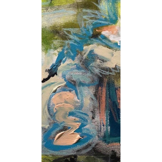 Acrylic painting with hues of vibrant turquoise, neon yellow , black, and neutral beige giving an electric and fun energy....