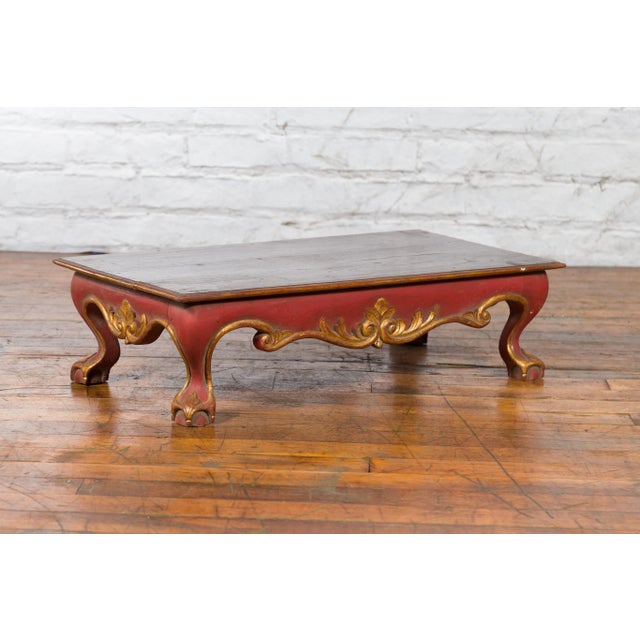 Wood Indonesian Vintage Rococo Style Red and Gold Low Table with Ball-and-claw Feet For Sale - Image 7 of 13