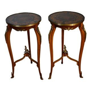 1950 Vintage French Style Mahogany & Ebony Inlaid Pair Side Tables / End Tables For Sale