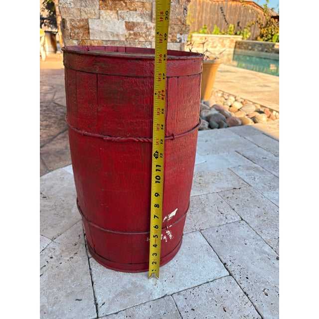 Metal Antique Nail Keg Cask Barrel Painted Red With Twisted Metal Wire Bands For Sale - Image 7 of 12