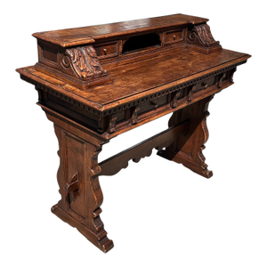 Antique Spanish Colonial Carved Walnut House Trestle Writing Desk