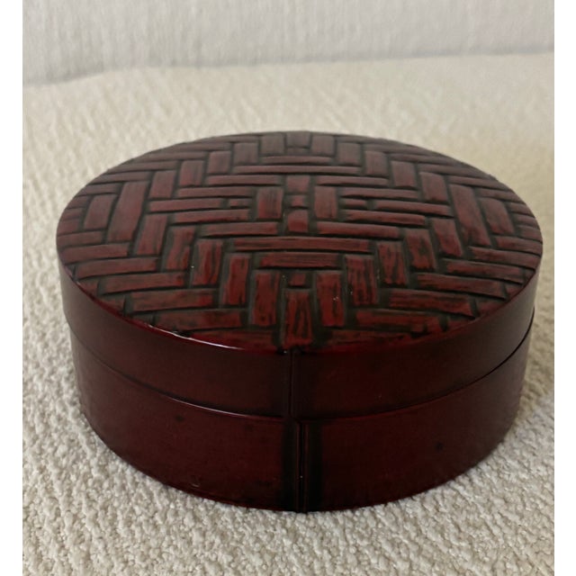 Vintage Chinoiserie Style Red Lacquerware Faux Bamboo Coaster Set by Otagiri - Set of 6 For Sale - Image 11 of 17