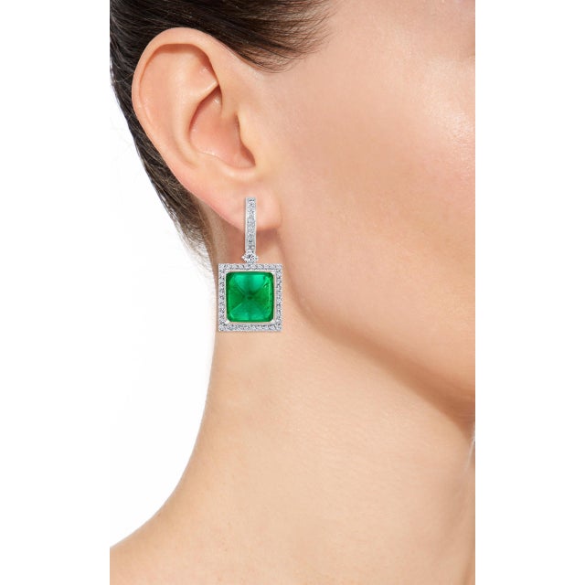 Gemstone 32Carat Natural Zambian Emerald Sugar Loaf Cabochon & Diamond/Drop Earrings 18KG For Sale - Image 7 of 18