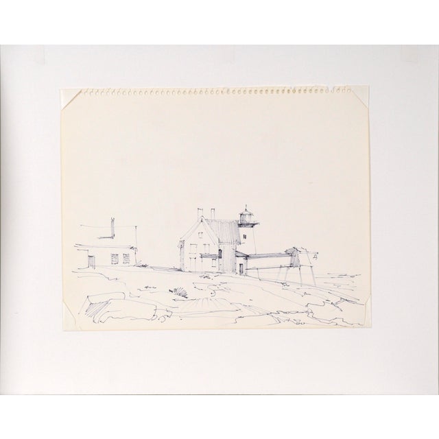 Lighthouse at the Shore Maine - Impressionist Original Pen and Ink Drawing Landscape Delicate landscape pen and ink line...