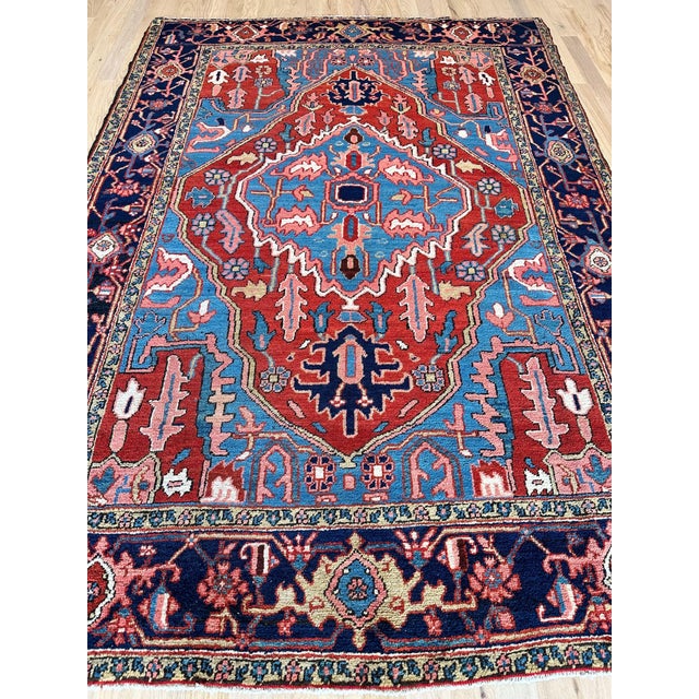 Textile Antique Persian Serapi Carpet Handmade Wool Oriental Rug, Red, Ivory, Light Blue For Sale - Image 7 of 18