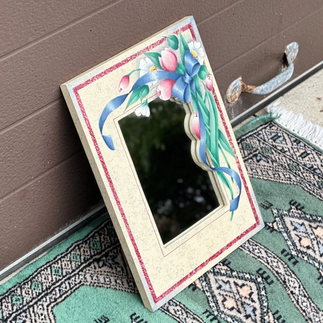 Petite Hand Painted Floral Decorative Wall Mirror by Kathryn Fowler Signed within artwork and labeled on reverse. Ships...