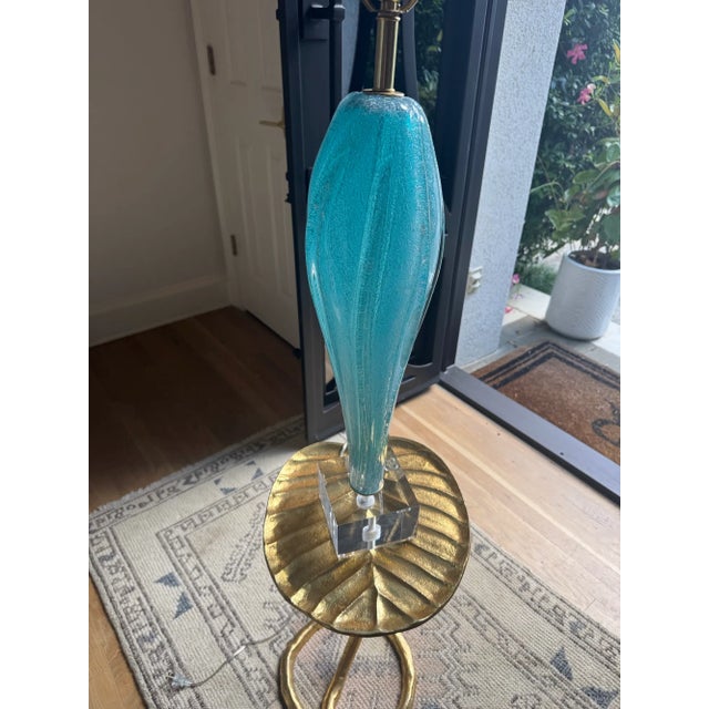 Mid-Century Modern Teal Pulegoso Winged Murano Lamps on Lucite For Sale - Image 3 of 6