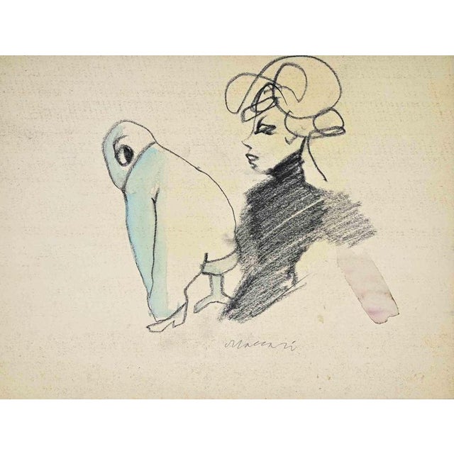 Charcoal drawing and watercolor on paper. Hand signed in the lower center. Very good condition. This piece is attributed...
