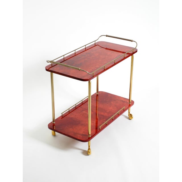 Metal Large Vintage Red Goatskin Serving Bar Cart by Aldo Tura, 1960s For Sale - Image 7 of 18