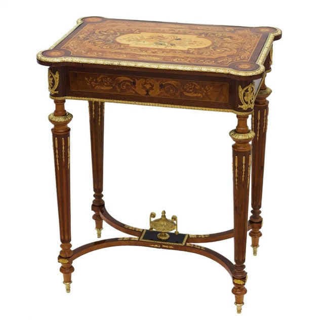 Metal French Writing Desk with Marquetry and Gilt Bronze Mounts For Sale - Image 7 of 9