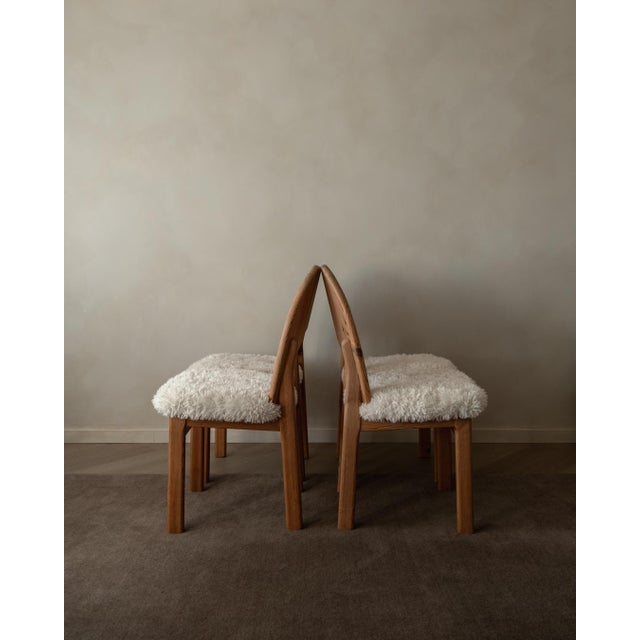 Rustic Scandinavian Modern Pine Dining Chairs in Faux Sheepskin, 1970s, Set of 4 For Sale - Image 3 of 18