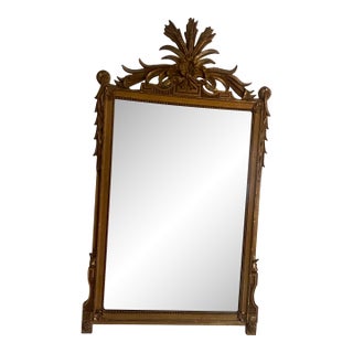 Antique French Carved Giltwood Wheat & Foliate Motif Crest Beveled Mirror For Sale