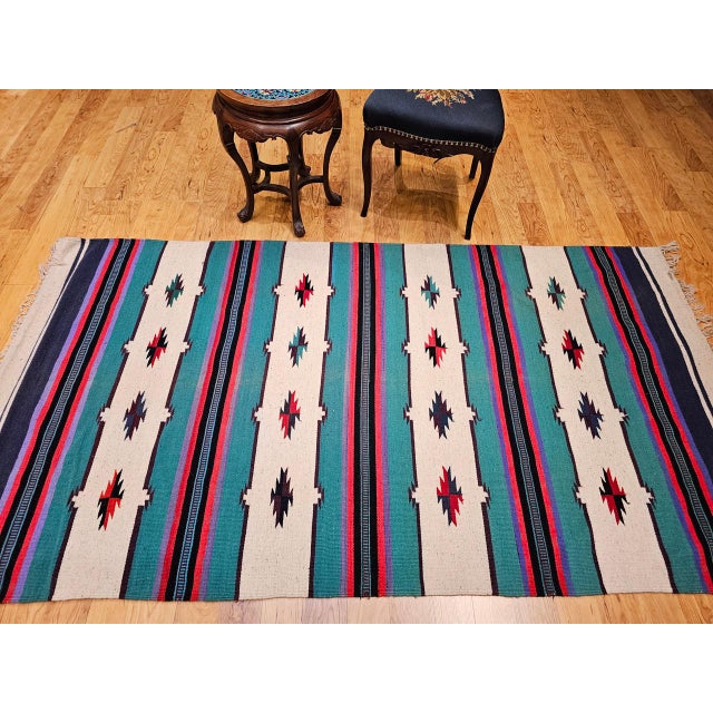 Textile Vintage American Southwestern Kilim, Handwoven Wool, Stripe Pattern, Ivory & Green, 4x8 For Sale - Image 7 of 16