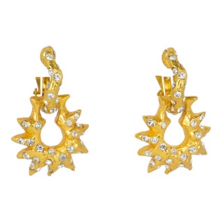 Alexis Lahellec Paris Gilt Metal Jeweled Dangle Clip Earrings - 2 Pieces For Sale