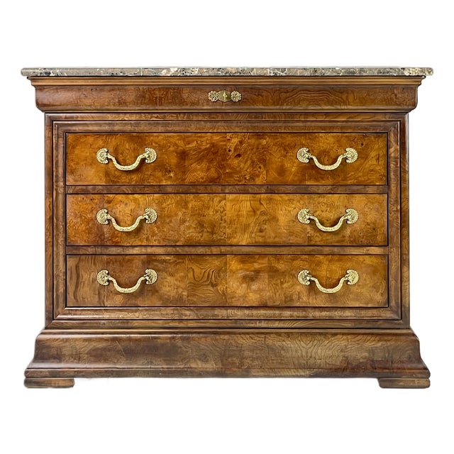 Late 20th Century Henredon "Charles X" French Neoclassical Burl & Marble Top Commode Chest For Sale