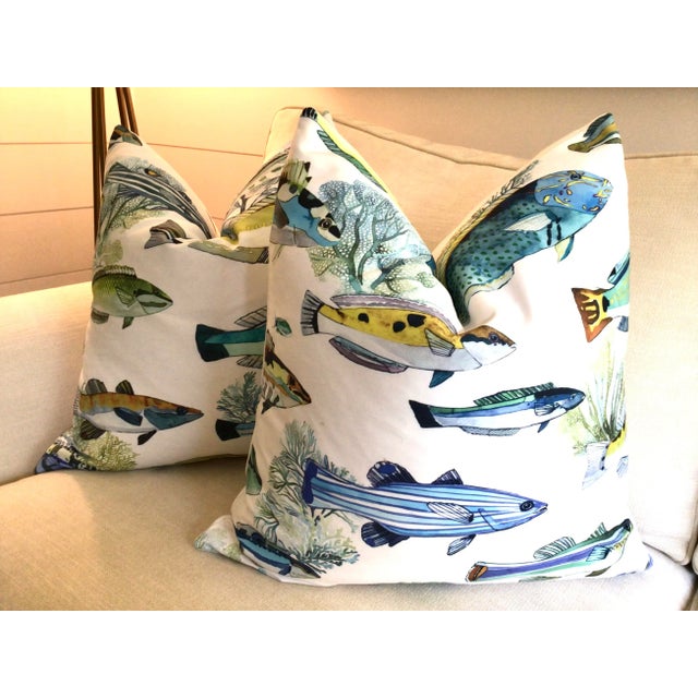 Baby Blue Manuel Canovas “Fidji” Tropical Fish Indoor/Outdoor Down-Filled Pillows- a Pair For Sale - Image 8 of 8