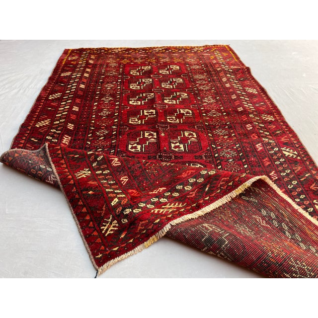 Red Vintage Afghan Ersari Turkmen Bokhara Gul Rug - 6'7" X 4'1" For Sale - Image 8 of 12