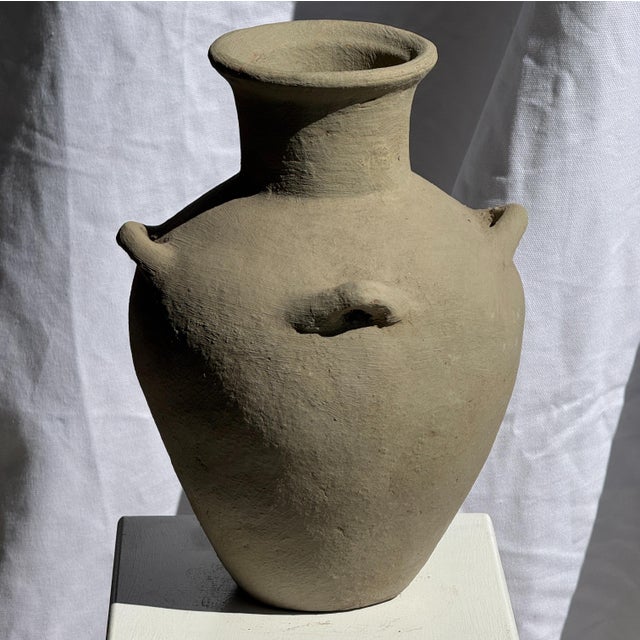 Indonesian Light Grey-Beige Terracotta Vase with 4 Small Handles and a Tall Neck For Sale - Image 18 of 18