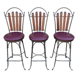 1990s Walter E Smith Wrought Iron and Leather Swivel Bar Stools- Set of 3 For Sale