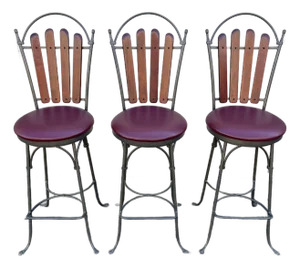1990's Walter E Smith Wrought Iron and Leather Swivel Bar Stools- Set of 3