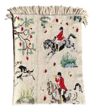 Mid 20th Century Vintage Hand Knitted and Embroidered English Hunting Scene Afghan Throw Blanket