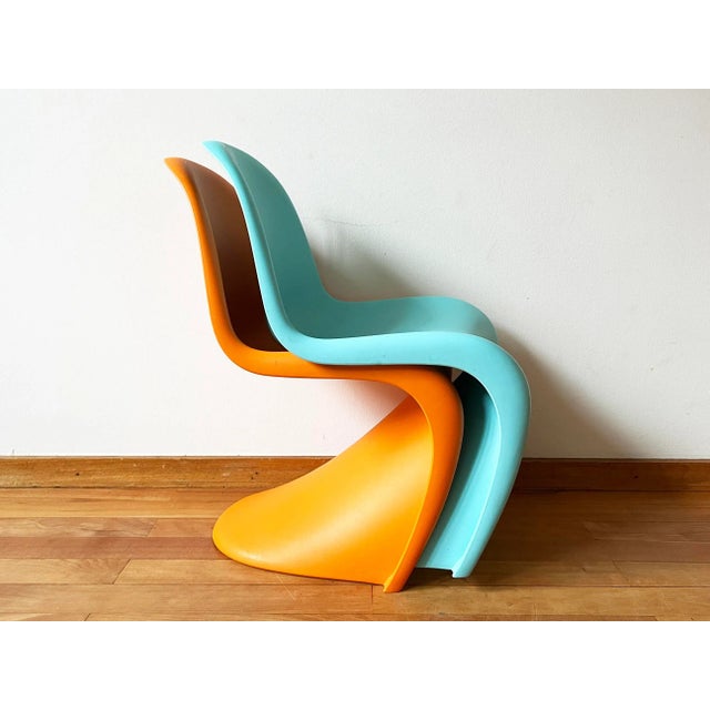 Mid-Century Modern Panton Junior Kids Chairs by Verner Panton Vitra, Turquoise + Orange - a Pair For Sale - Image 11 of 11