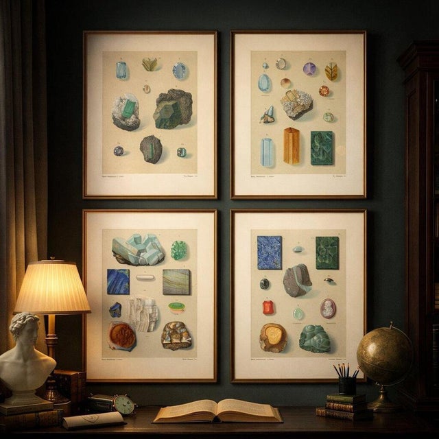 Aqua Antique Gemstone Prints with Blue and Green Minerals from Bauer, 1900s, Set of 4 For Sale - Image 8 of 10