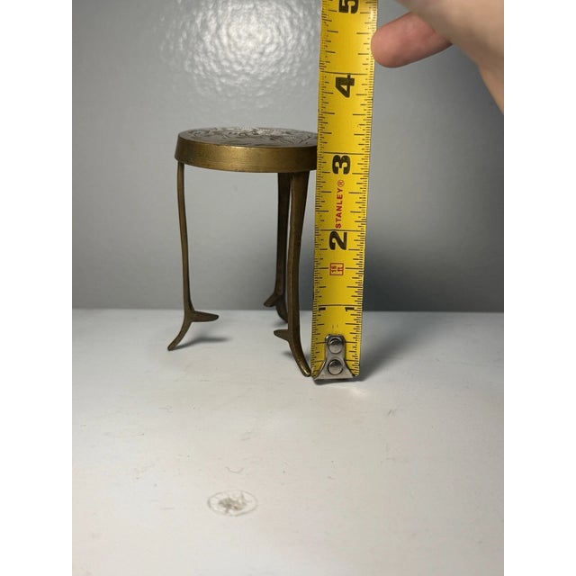 Vintage Mini Brass Pedestal Table Trivet Plant Stand 3” Round Etched Top For Sale - Image 9 of 9