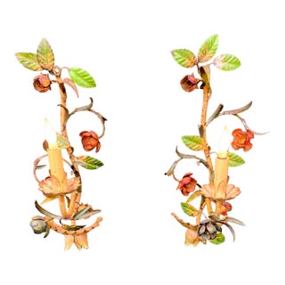Vintage Italian Hand Painted Hand Crafted Tole Wall Sconces - a Pair For Sale