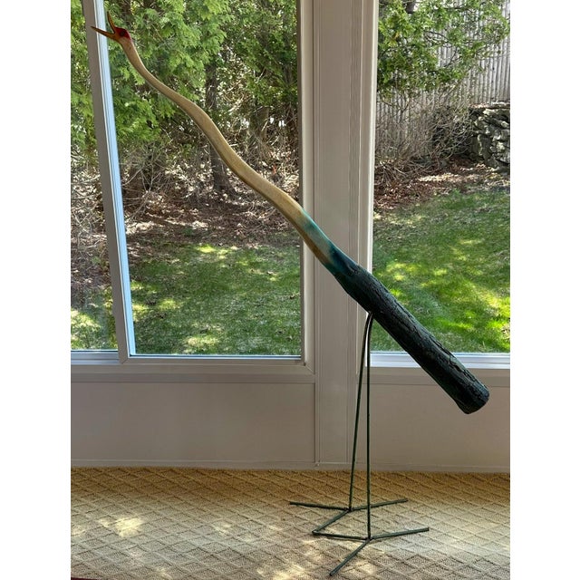 Late 20th Century Monumental Denver and Ter Borders Hand Carved Wood Crane Sculpture With Welded Rebar Feet For Sale - Image 13 of 13
