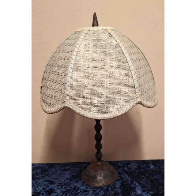 Mid-Century Rustic Wrought Iron Table Lamp with Mint-Beige Fabric Shade, 1950s, in Good conditions. Designed 1950 to 1959...