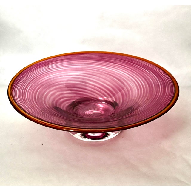 Contemporary Late 20th Century Signed Weir Pink Spiral Studio Art Glass Footed Bowl For Sale - Image 3 of 8