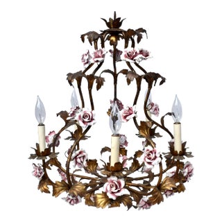 Italian Mid-Century Modern Tole Chandelier, Gold Gilt, Porcelain Roses For Sale