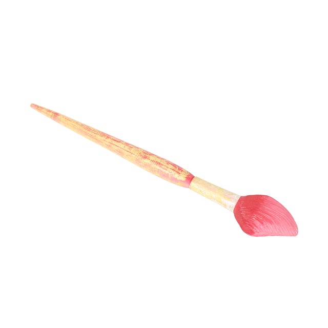 Bright handmade wood sculpture of a paintbrush. Well made with tapered handle, detailed brush thistles, and paint...