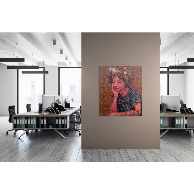 Figurative Beulah by Ifeoluwa Alade | Acrylic and glow in the dark medium on canvas Portrait of a young woman. For Sale - Image 3 of 5