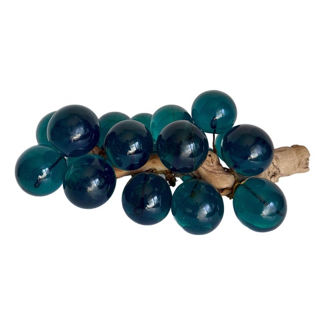 Mid-Century Modern Teal Lucite Grape Cluster on Driftwood Sculpture For Sale