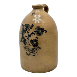Unusual American Blue Decorated Elaborate Flower Motif 2 Gallon Stoneware Jug - Circa Mid 19th Century