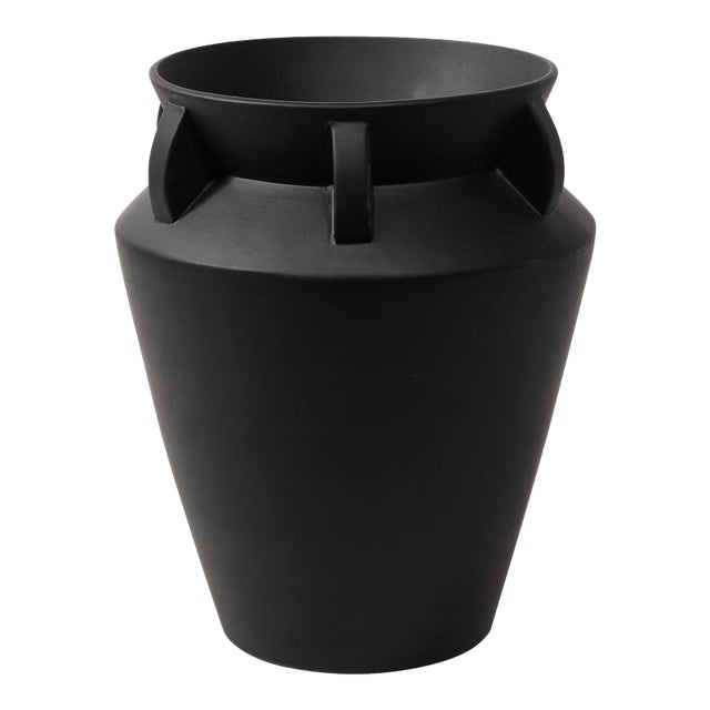 Late 20th Century Modernist Charcoal Urn Form Ceramic Vase With Demilune Embellishments For Sale