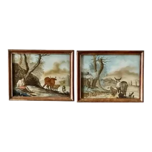 Pair of 18th Century Reverse Glass Pastoral Paintings Eglomise