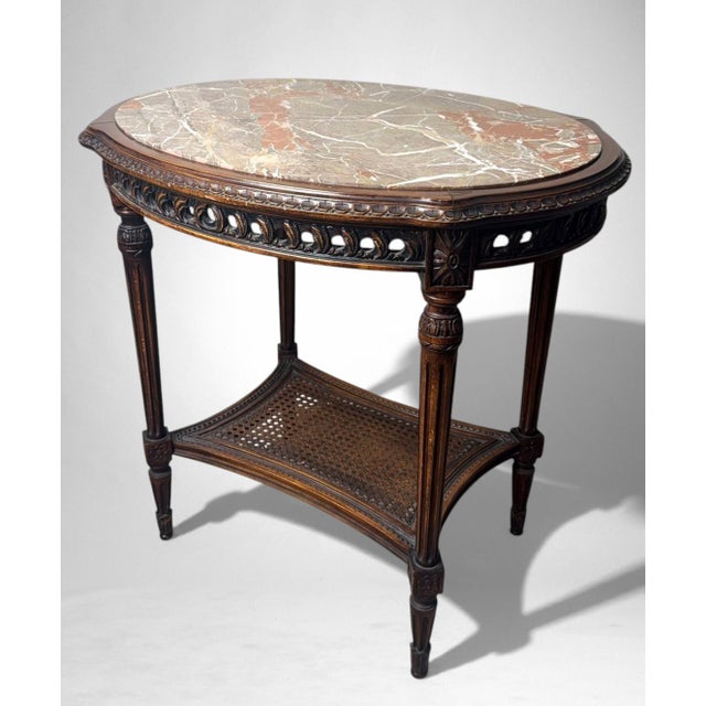Early 20th Century Early 20th Century Neoclassical Italian Walnut Side Table With Marble Top and Vienna Straw Shelf For Sale - Image 5 of 18
