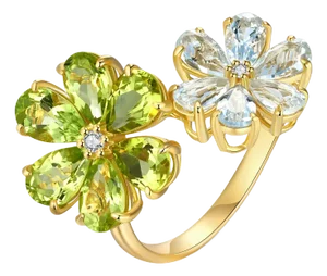 Kai Flora Blossom Periot and Aquamarine Cocktail Ring in 14k Yellow Gold Ring, Size 6