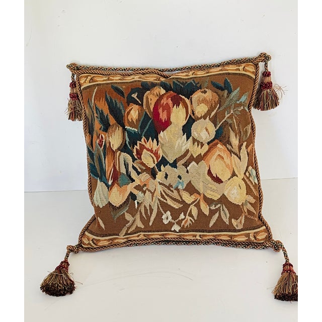 19 th c Belgian wool tapestry pillow with tassels, feather down insert.